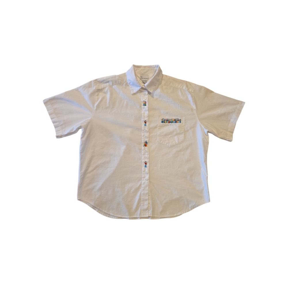 Vintage OS International Shirt Womens 15/16 White Embroidered People Cotton 90s